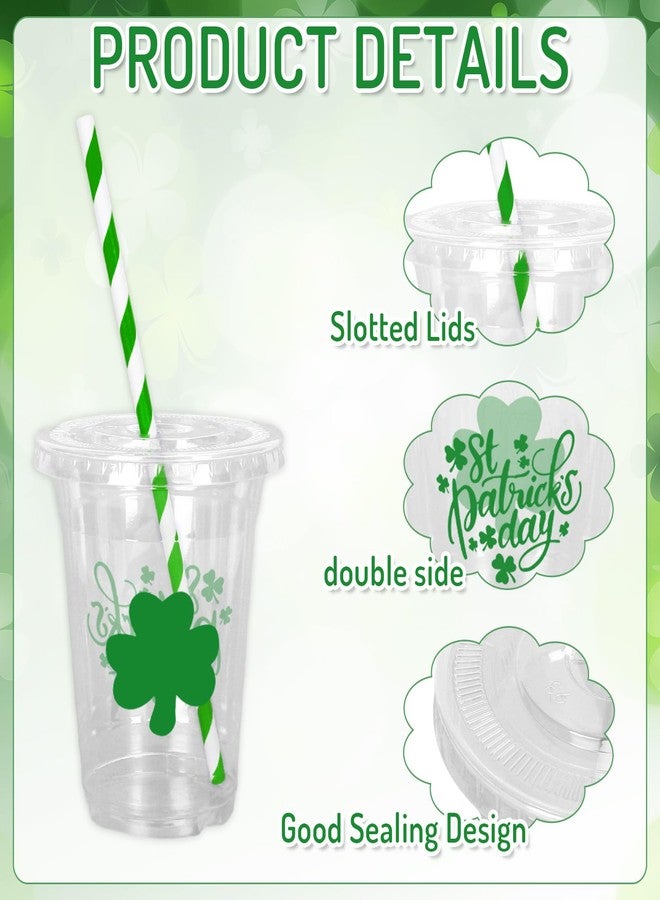 JarThenaAMCS أكواب بلاستيكية للاستخدام مرة واحدة من JarThenaAMCS، 50 قطعة، مع أغطية وماصات، سعة 12 أونصة، بتصميم زهرة البرسيم المحظوظة، أكواب مشروبات خضراء بنقشة نبات النفل، مثالية للاحتفالات الأيرلندية وحفلات الزفاف وأعياد الميلاد. - Image 3